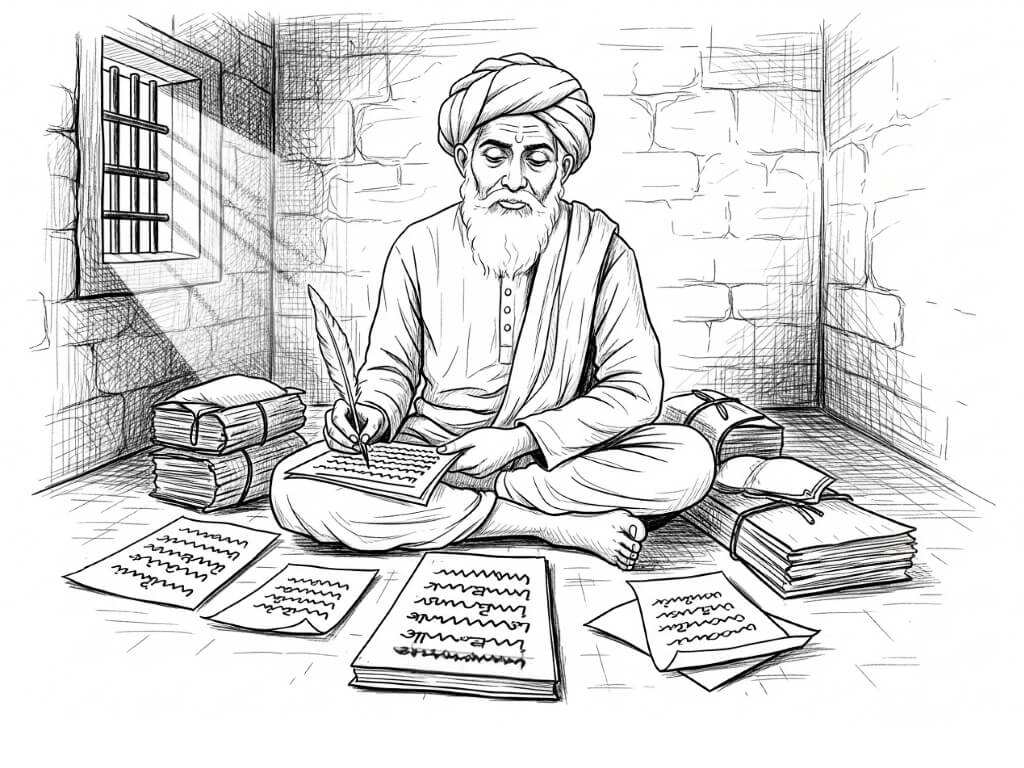 Artistic depiction of Tulsidas writing Shree Hanuman Chalisa in the jail of Fatehpur Sikri